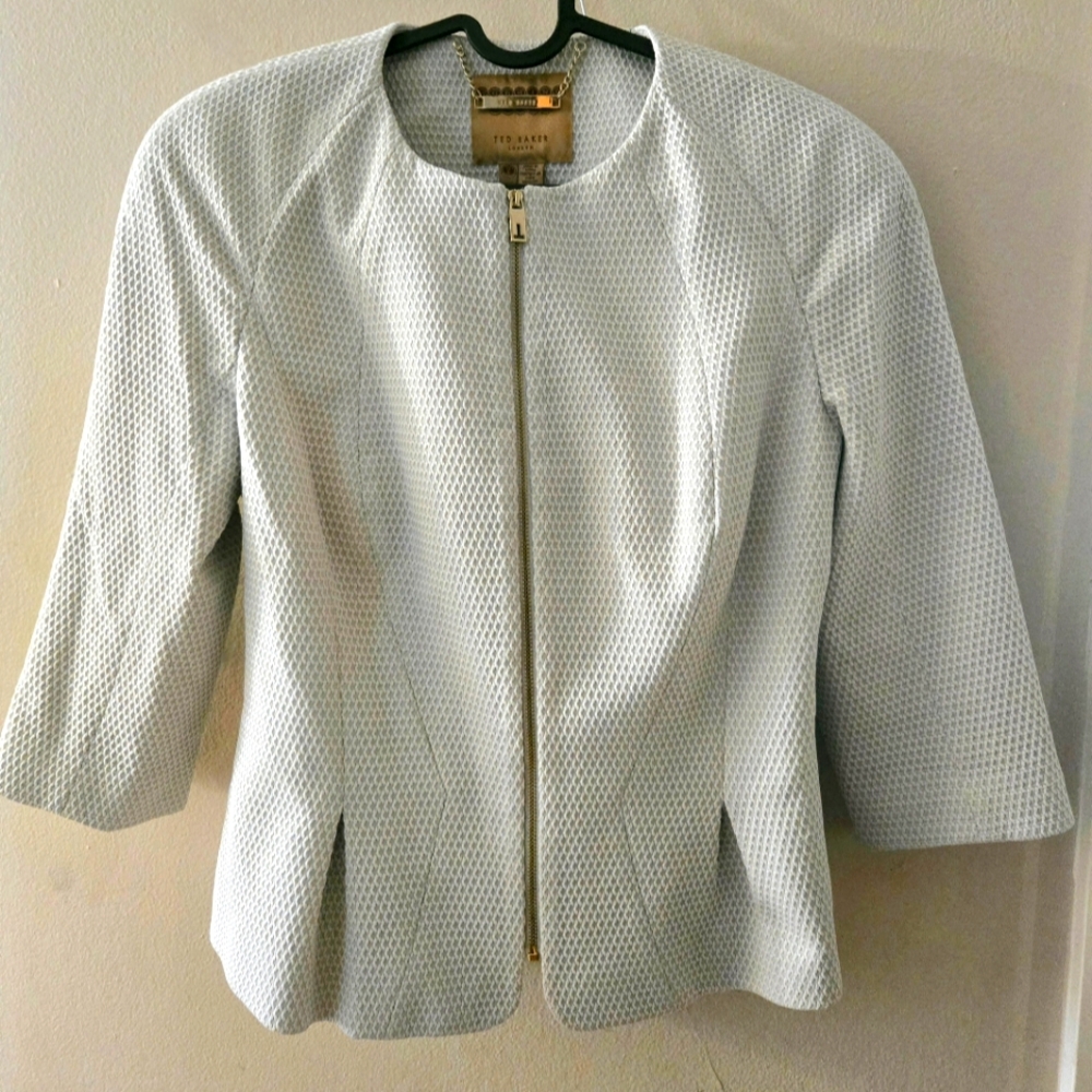 Ted Baker Gray Blazer with Peplum Waist and Gold Zipper